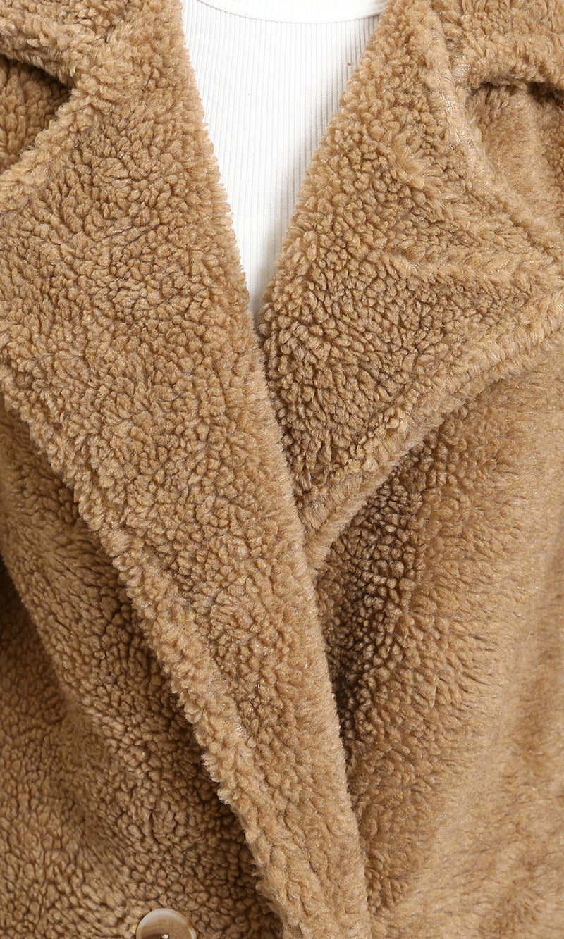 R215623 - Long Teddy Coat with Notched Lapel - Dark Camel