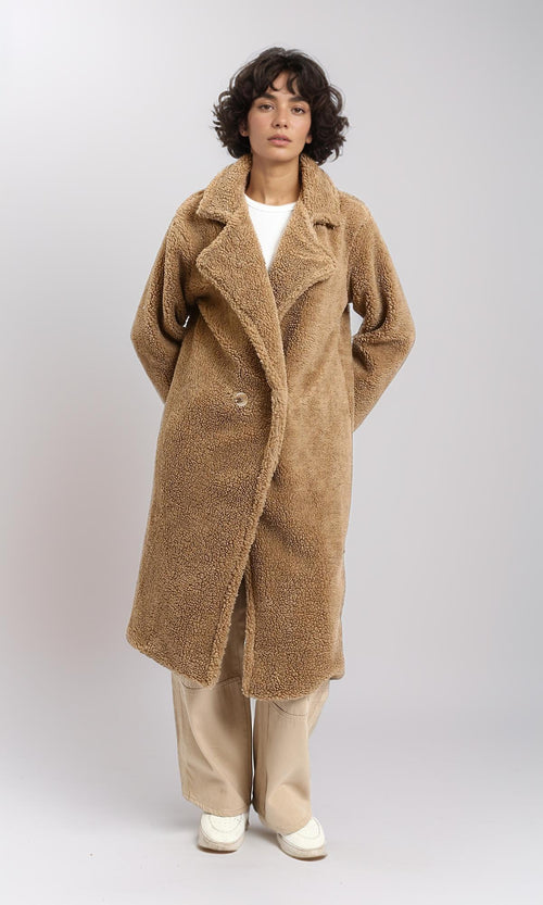 R215623 - Long Teddy Coat with Notched Lapel - Dark Camel