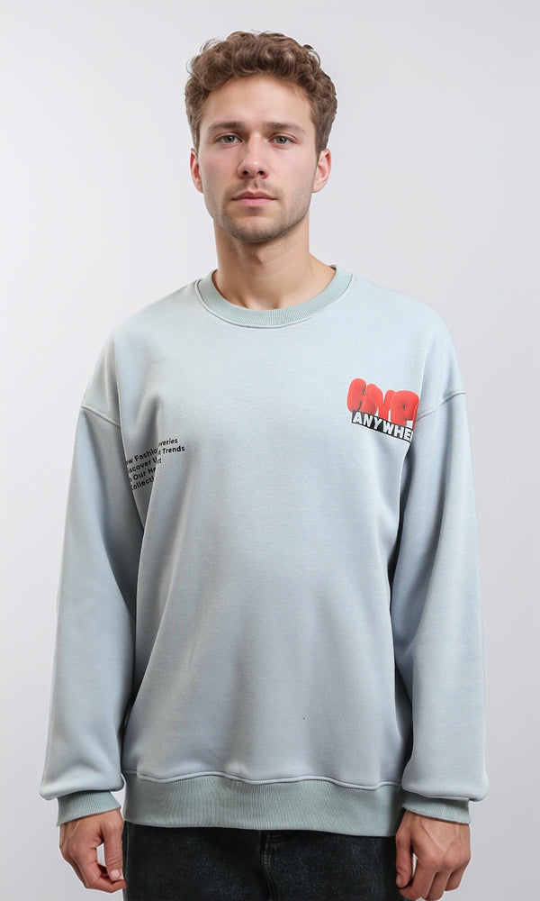 R215626 - Crew Neck Printed Sweatshirt with Hem - Greyish Blue