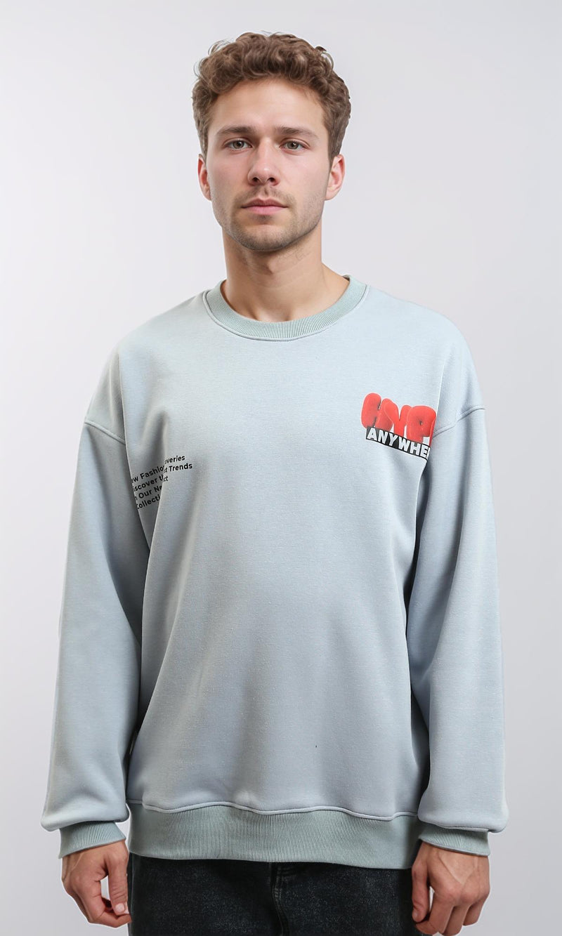 R215626 - Crew Neck Printed Sweatshirt with Hem - Greyish Blue