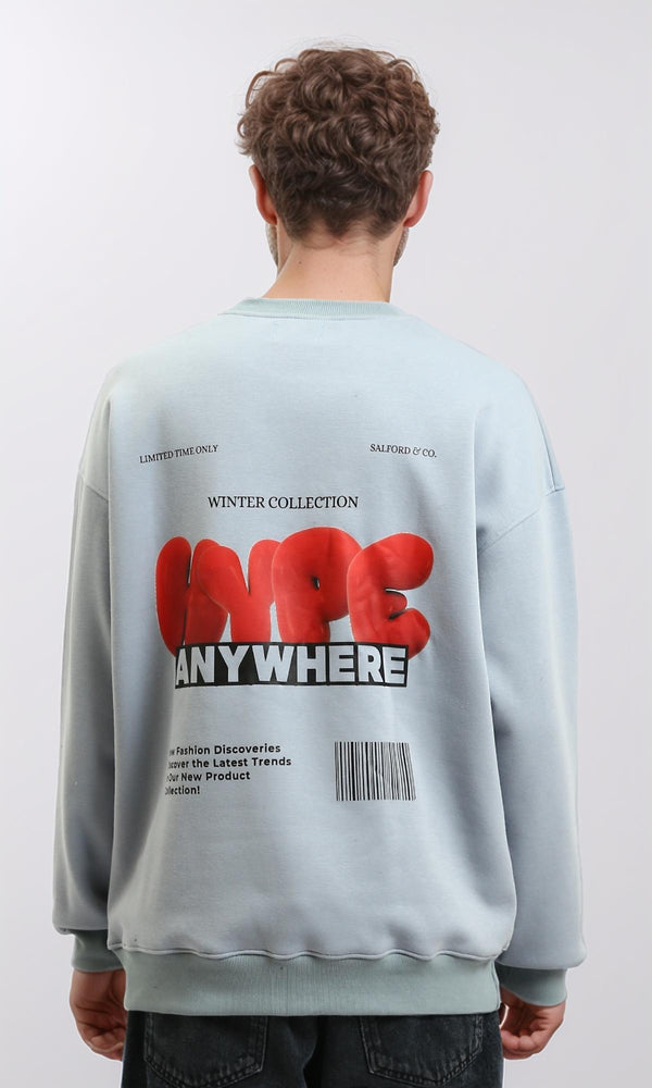 R215626 - Crew Neck Printed Sweatshirt with Hem - Greyish Blue