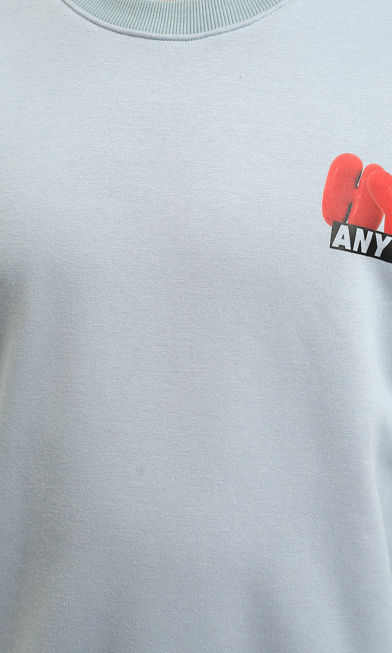 R215626 - Crew Neck Printed Sweatshirt with Hem - Greyish Blue