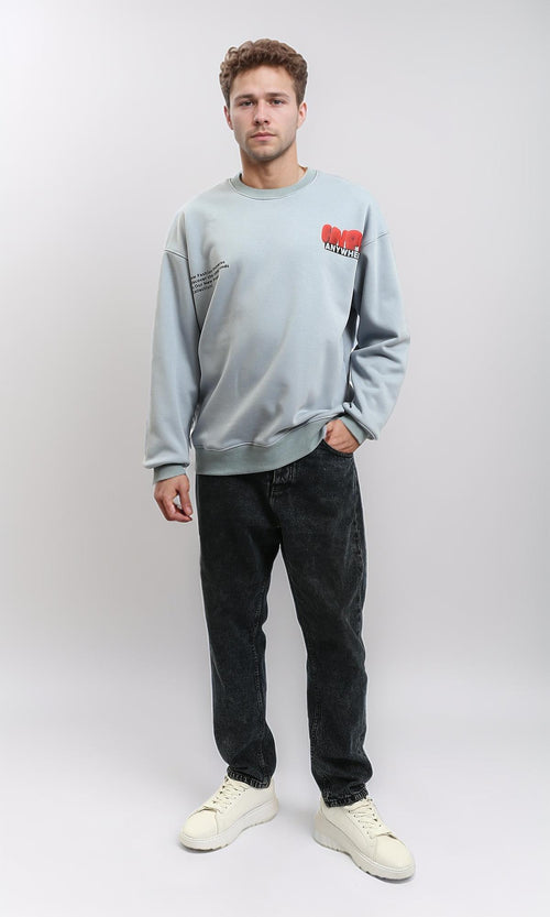 R215626 - Crew Neck Printed Sweatshirt with Hem - Greyish Blue