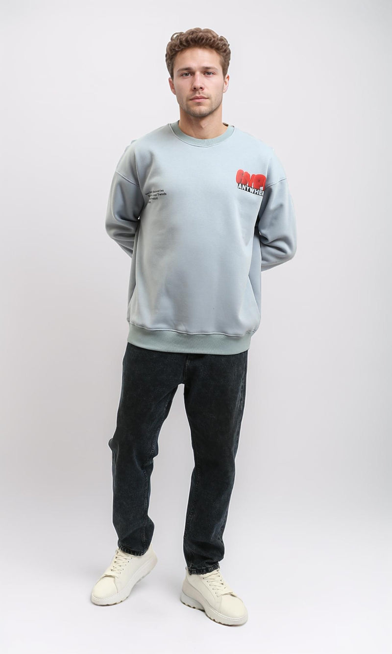 R215626 - Crew Neck Printed Sweatshirt with Hem - Greyish Blue