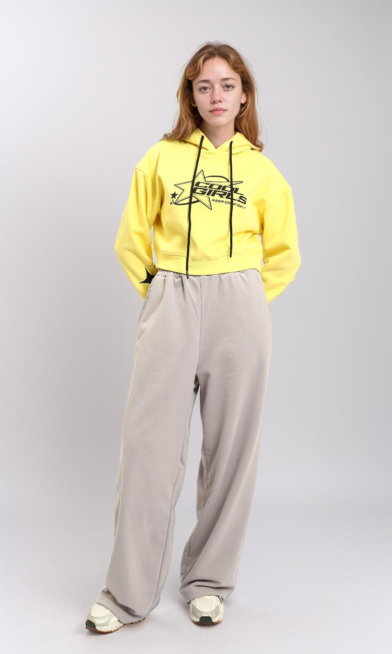 R215627 - Slip On Printed Short Hoodie - Yellow