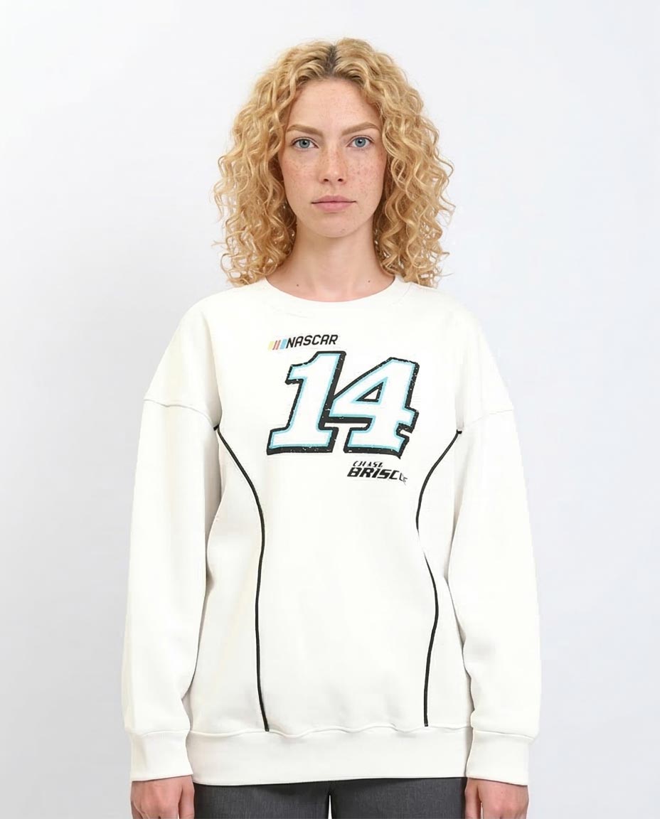 Person wearing a white sweatshirt with number 14 and 'NASCAR' branding on a plain background