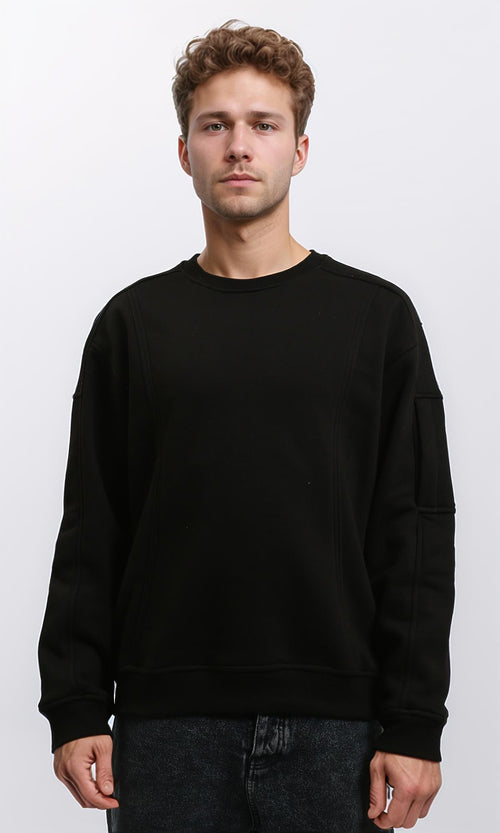 R215652 - Crew-Neck Sweatshirt with Patched Pockets Sleeve - Black