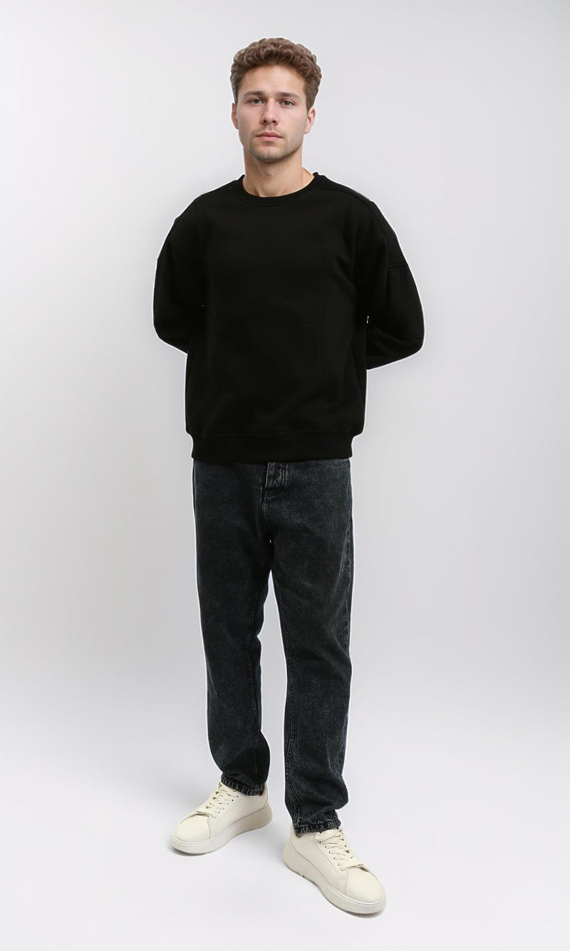 R215652 - Crew-Neck Sweatshirt with Patched Pockets Sleeve - Black