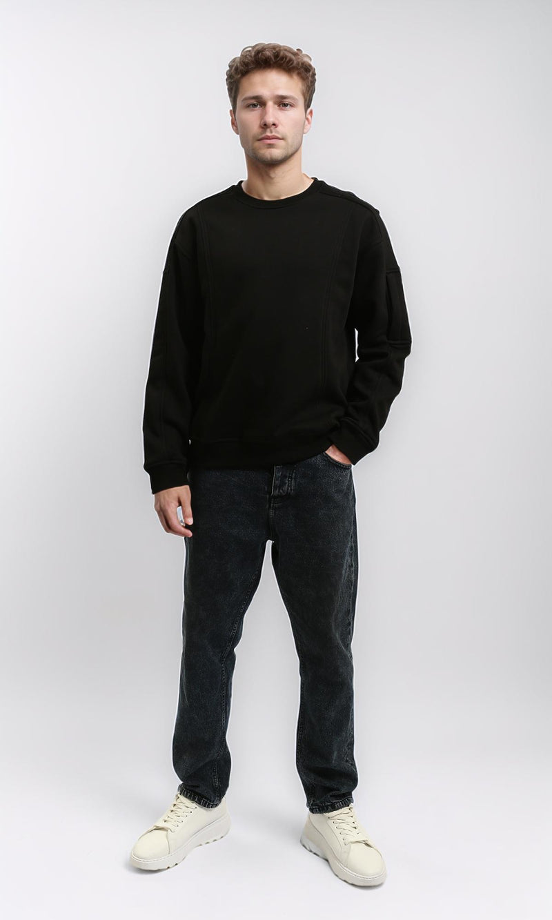 R215652 - Crew-Neck Sweatshirt with Patched Pockets Sleeve - Black