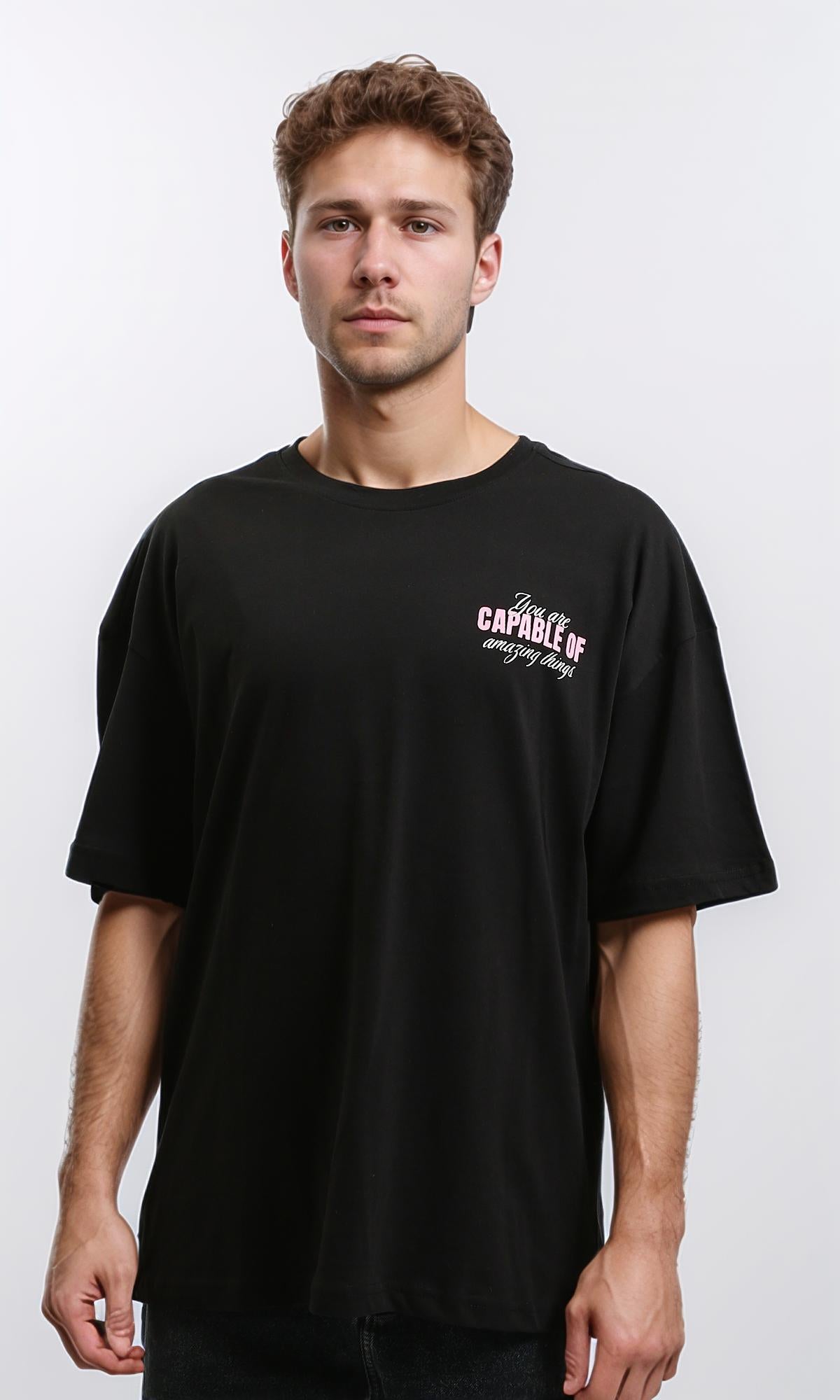 Crew Neck Elbow-Sleeve Printed Tee - Black