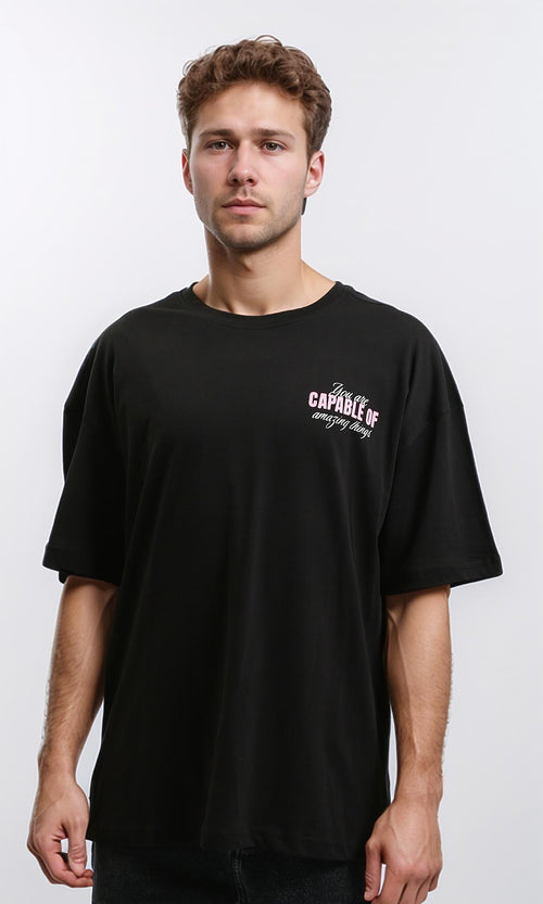 R215735 - Crew Neck Elbow-Sleeve Printed Tee - Black