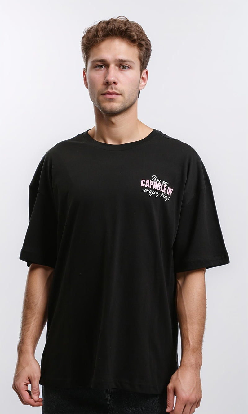 R215735 - Crew Neck Elbow-Sleeve Printed Tee - Black