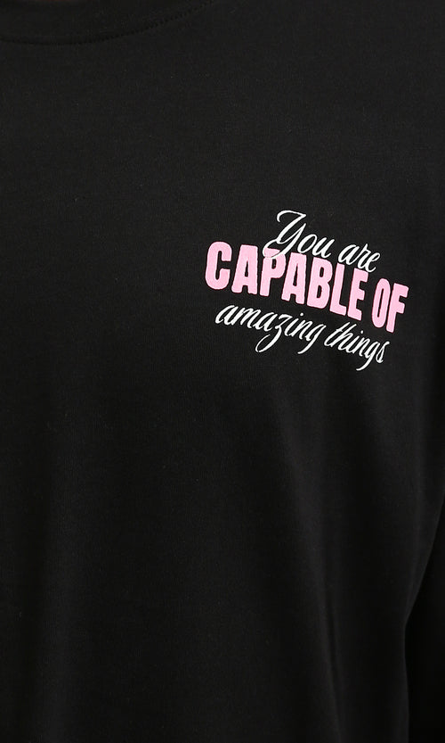 R215735 - Crew Neck Elbow-Sleeve Printed Tee - Black