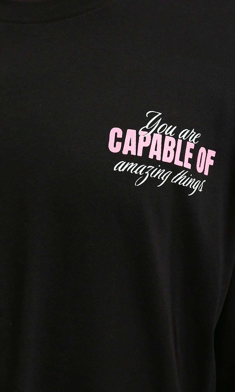 R215735 - Crew Neck Elbow-Sleeve Printed Tee - Black