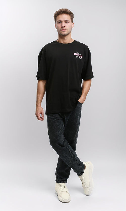 R215735 - Crew Neck Elbow-Sleeve Printed Tee - Black