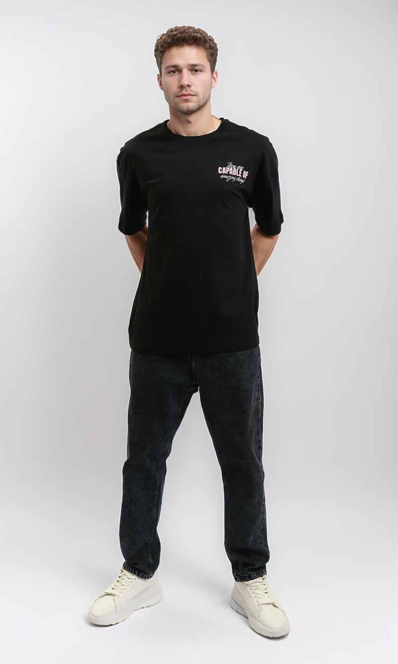 R215735 - Crew Neck Elbow-Sleeve Printed Tee - Black