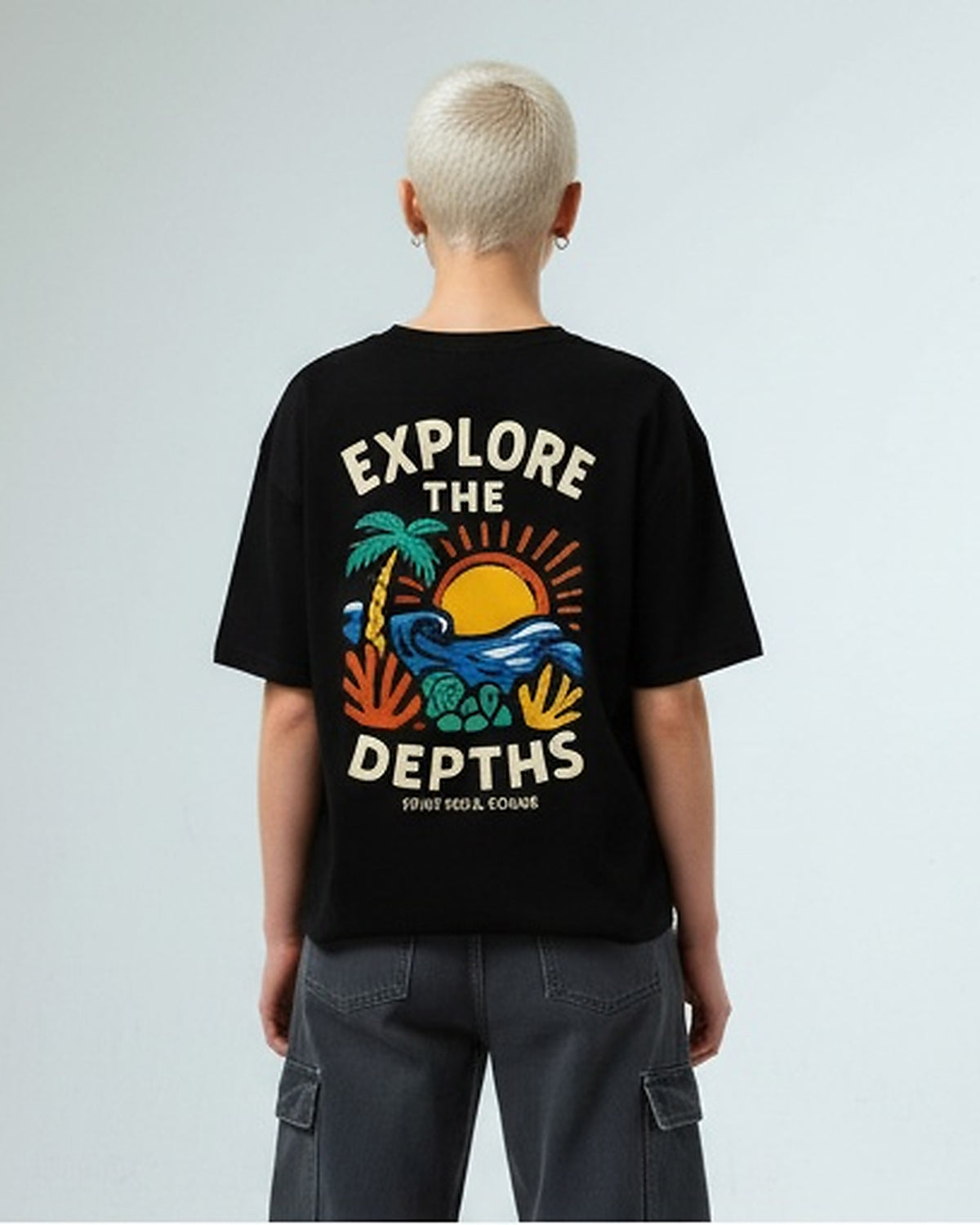 R215764 - Relaxed Fit Tee with Front & Back Print Tee - Black