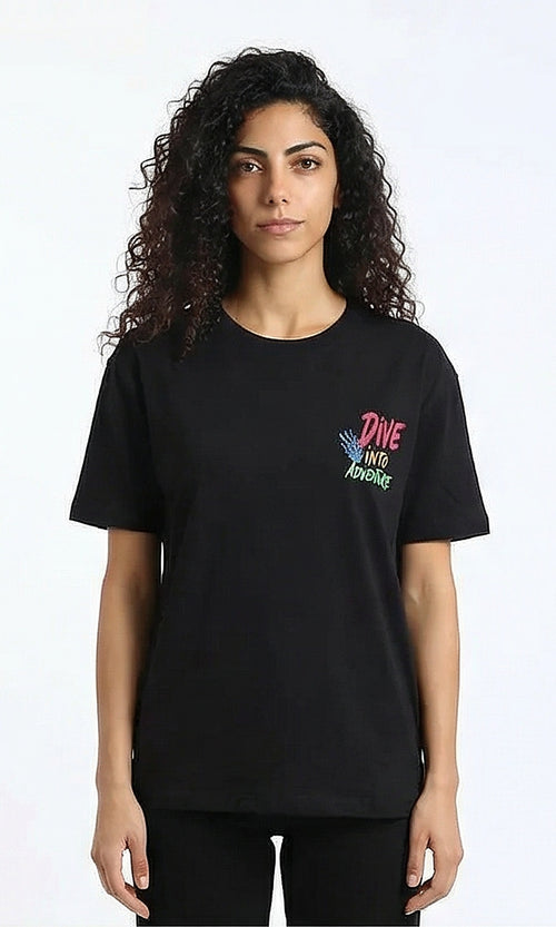 R215766 - Front Print Elbow Sleeve Summer Tee - Black