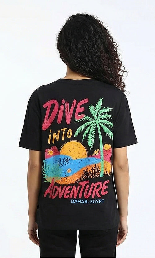 R215766 - Front Print Elbow Sleeve Summer Tee - Black