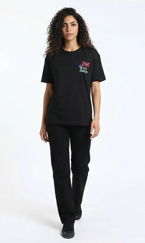 R215766 - Front Print Elbow Sleeve Summer Tee - Black