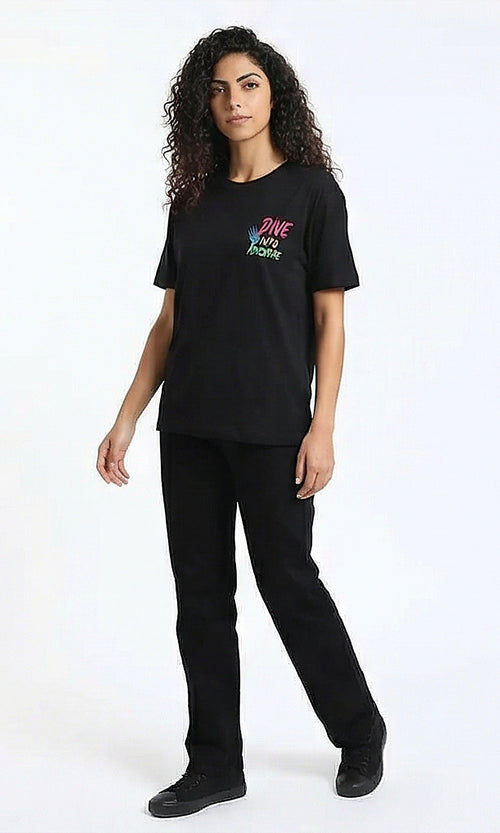 R215766 - Front Print Elbow Sleeve Summer Tee - Black