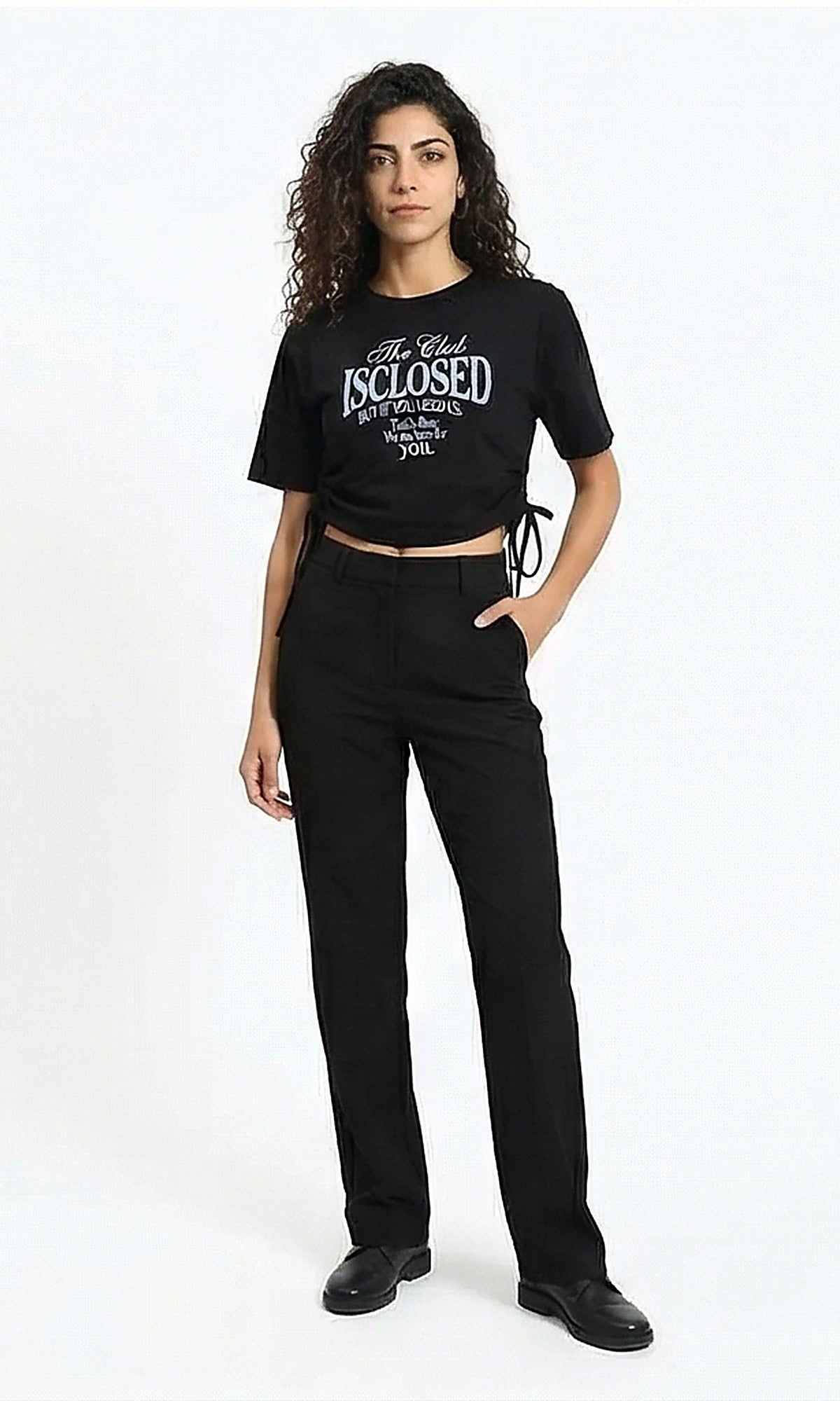 Women's Side-Tie Graphic Crop T-Shirt - Black - R215776