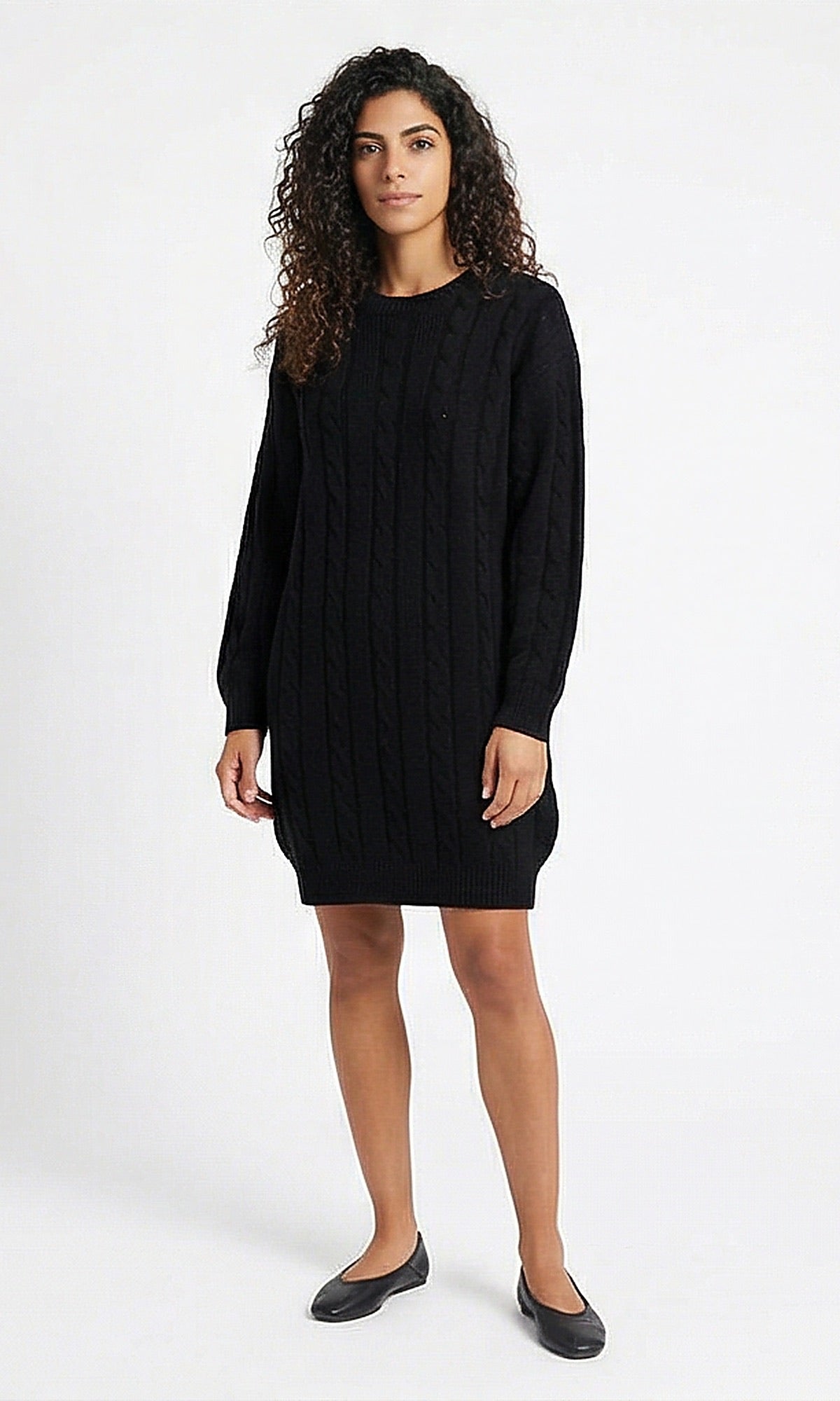 Black Vertical Cable Knit Pullover Sweater Dress