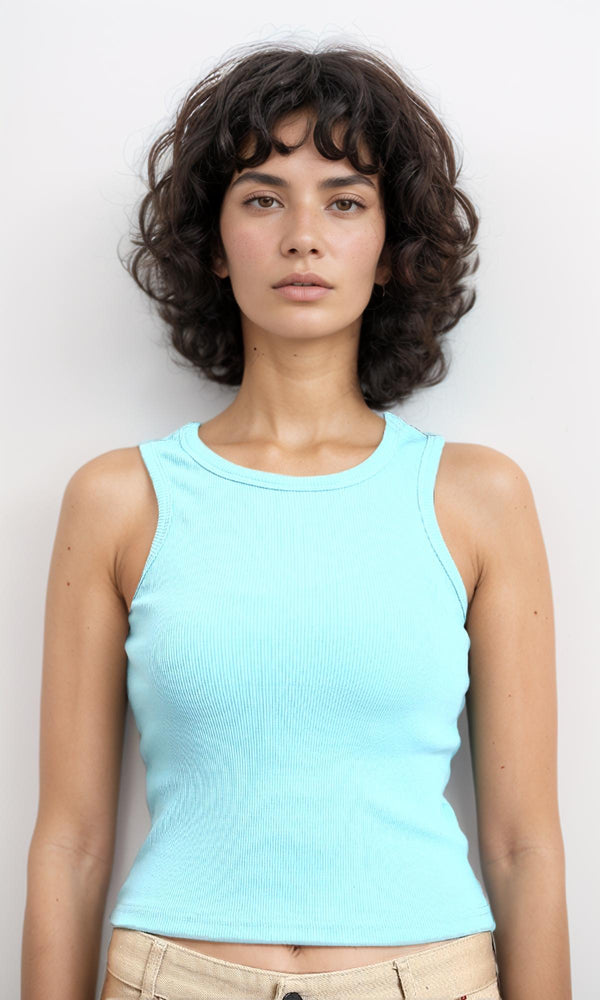 R215786 - Sleeveless Ribbed Comfy Tank Top - Aqua