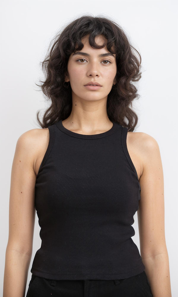 R215787 - Sleeveless Ribbed Comfy Tank Top - Black