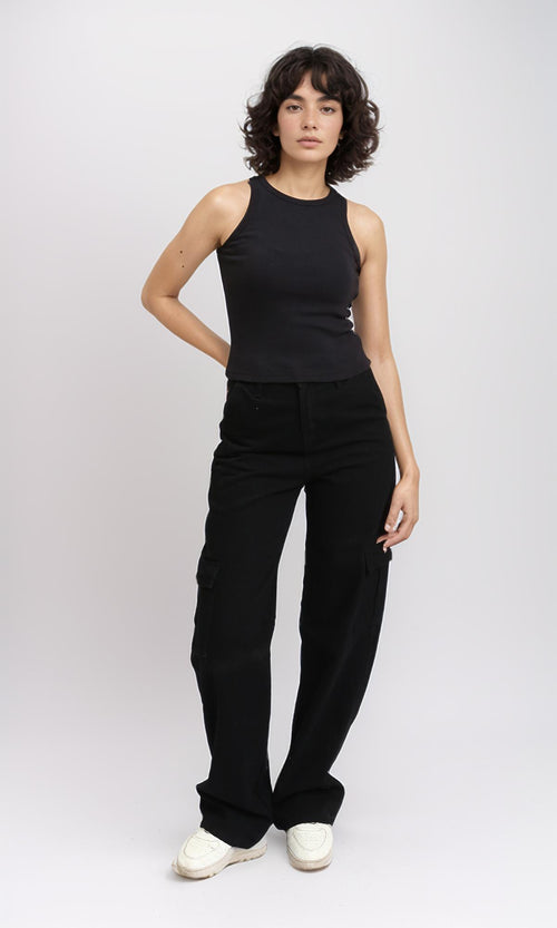 R215787 - Sleeveless Ribbed Comfy Tank Top - Black