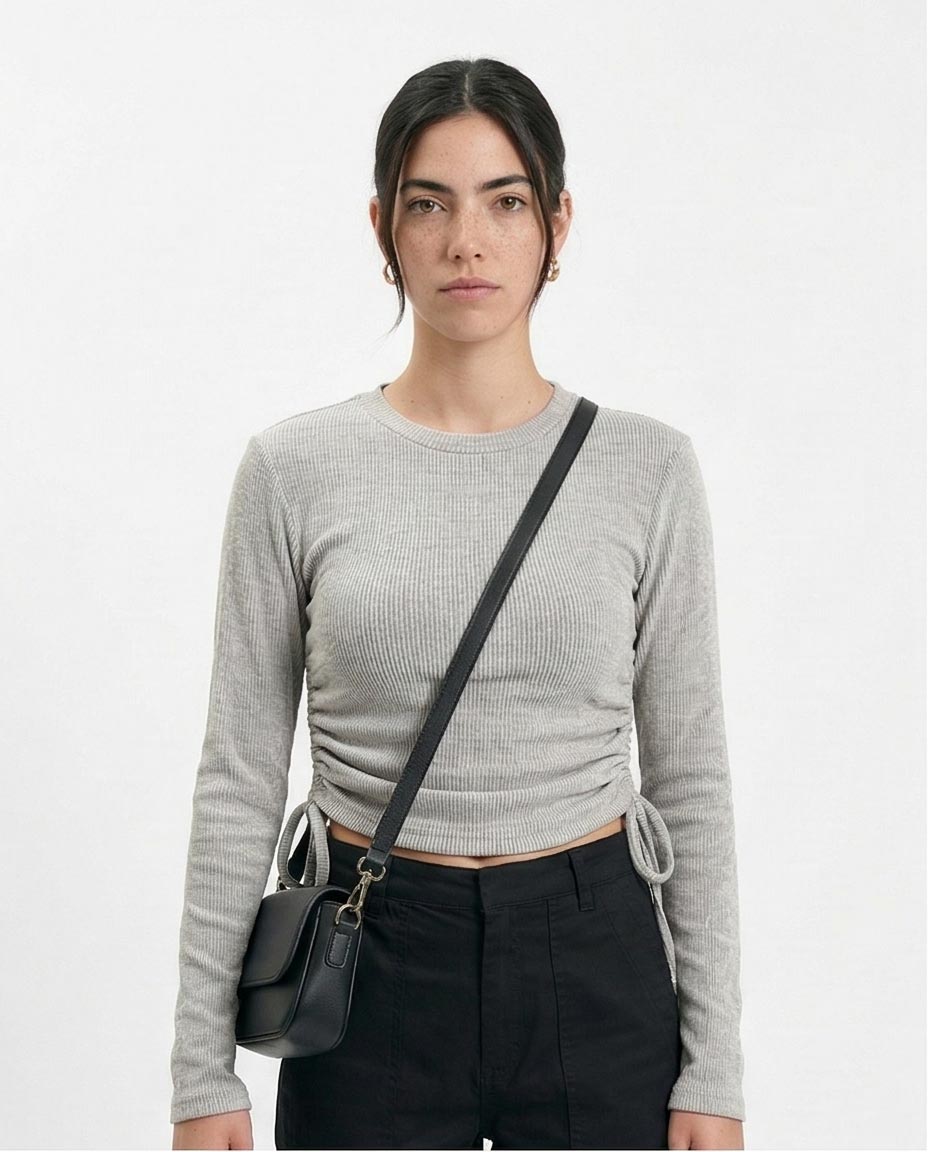 Long Sleeves Ribbed Top with Drawstring - Grey