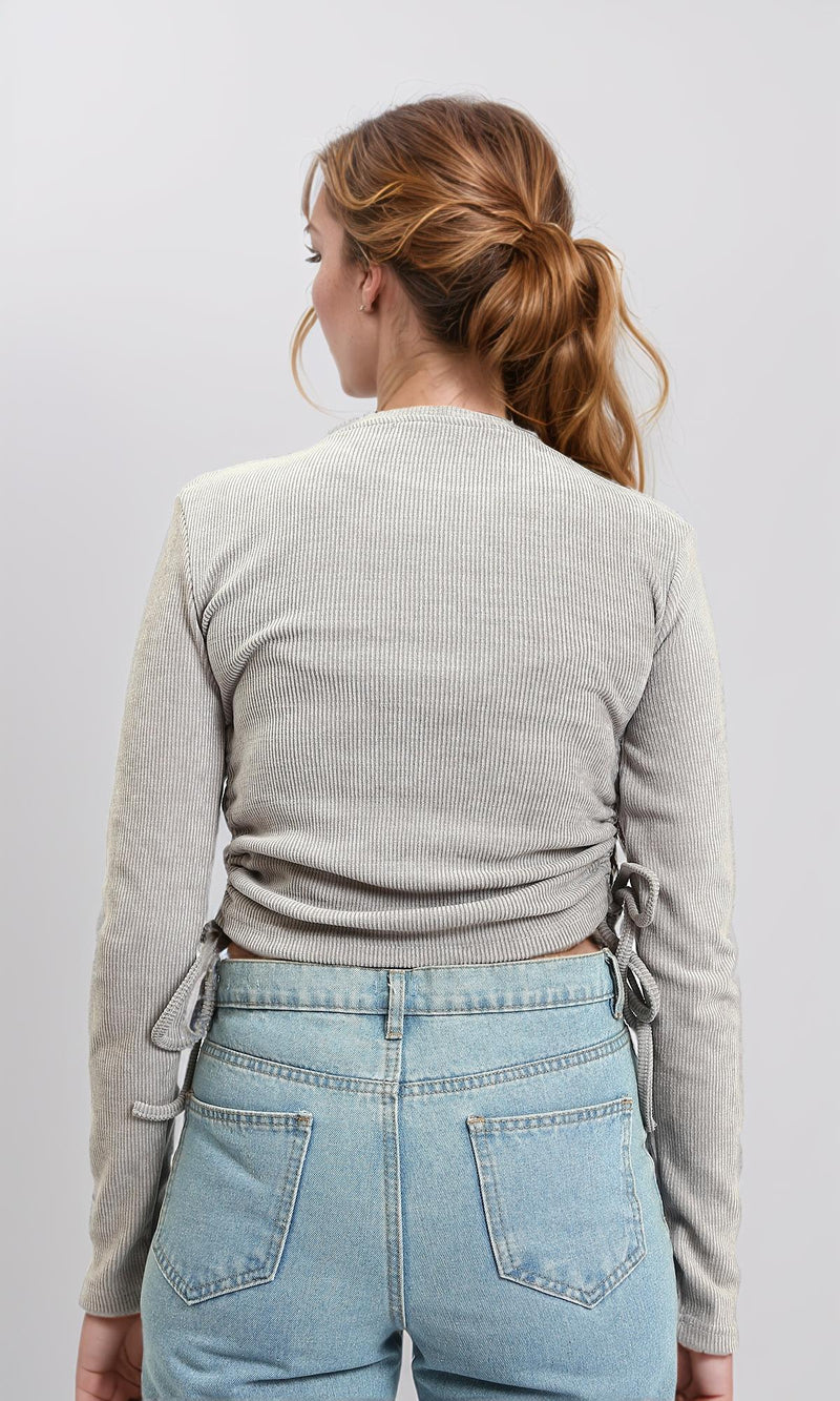 R215788 - Long Sleeves Ribbed Top with Drawstring - Grey