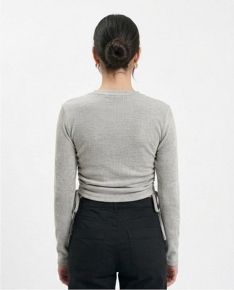R215788 - Long Sleeves Ribbed Top with Drawstring - Grey