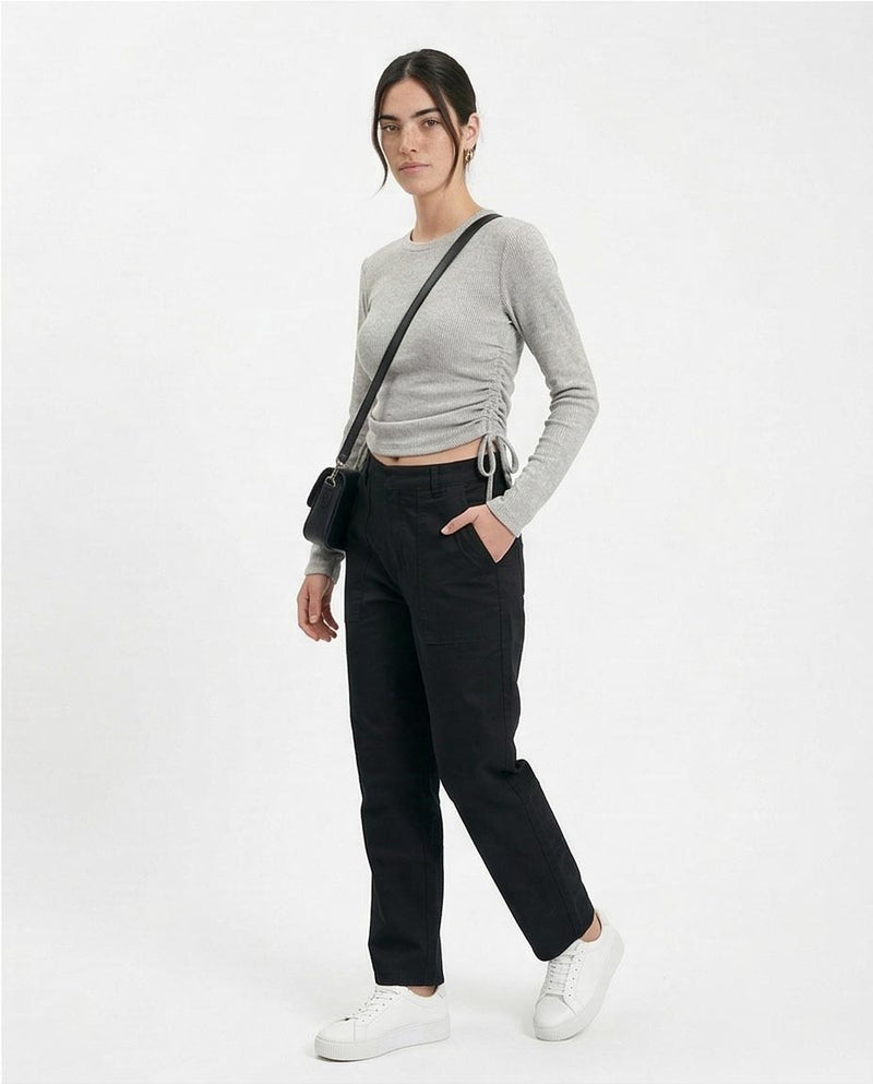 R215788 - Long Sleeves Ribbed Top with Drawstring - Grey