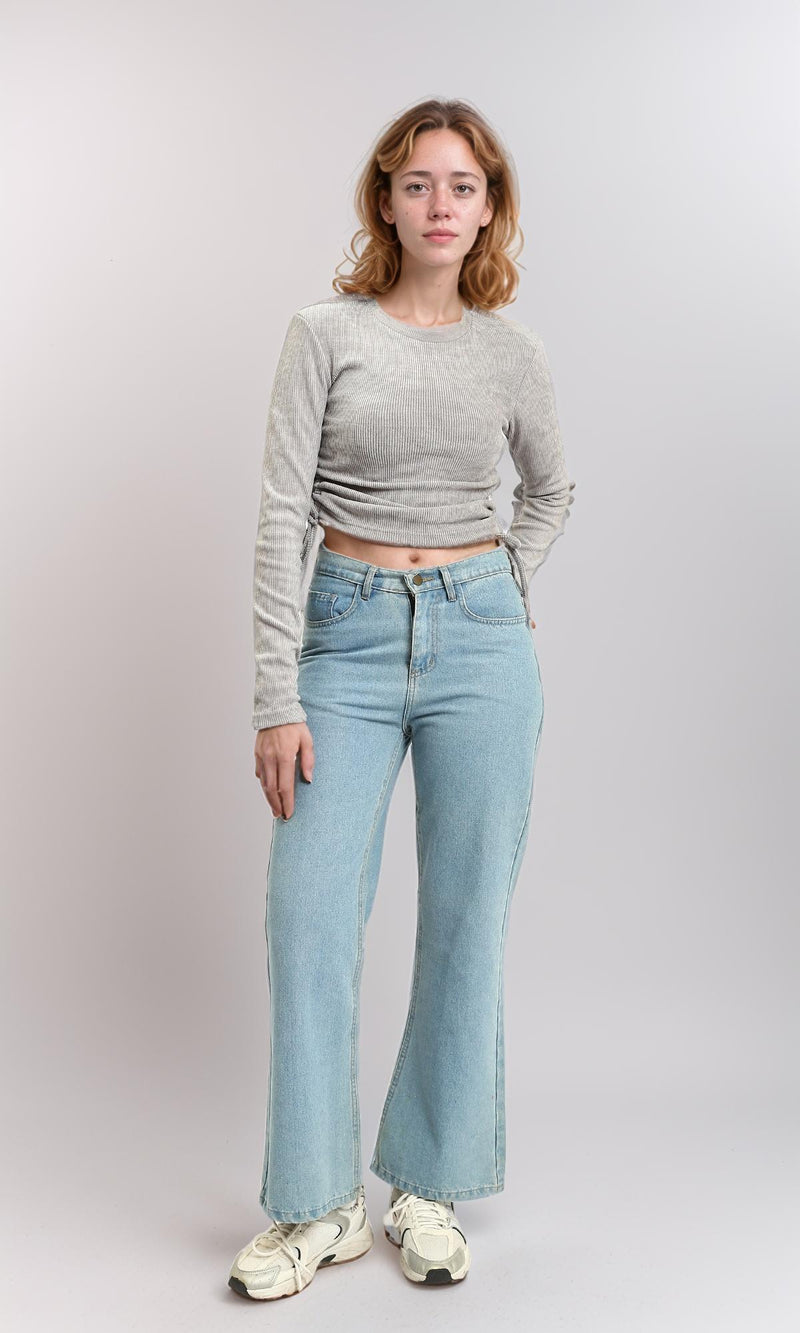 R215788 - Long Sleeves Ribbed Top with Drawstring - Grey