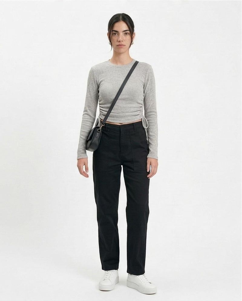 R215788 - Long Sleeves Ribbed Top with Drawstring - Grey