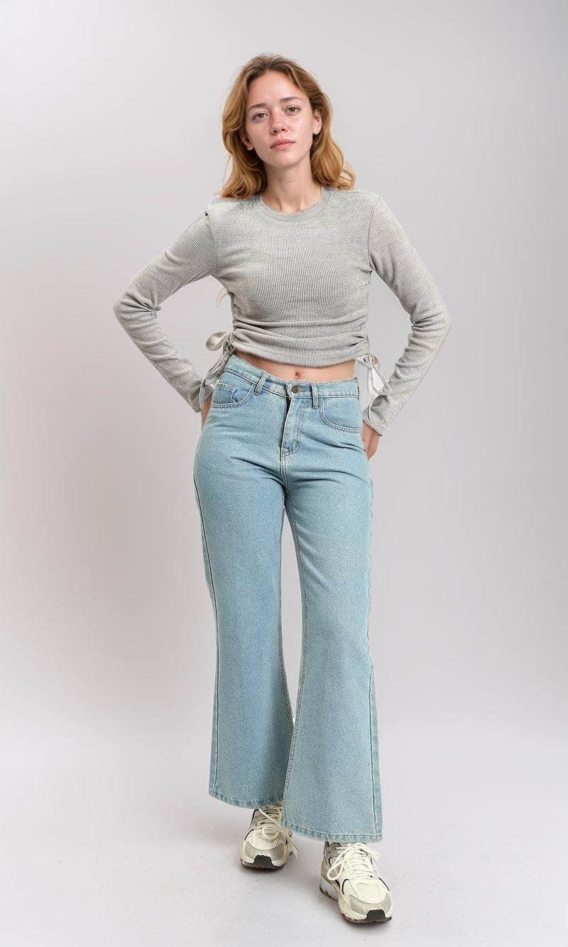 R215788 - Long Sleeves Ribbed Top with Drawstring - Grey