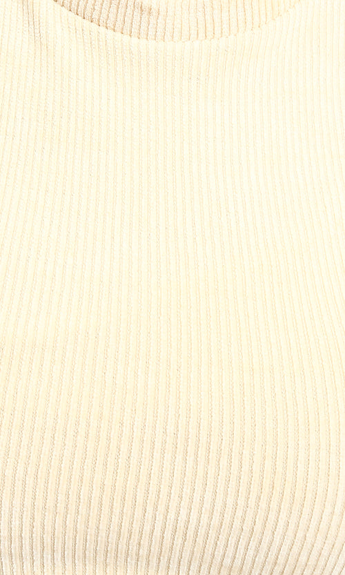 R215790 - Long Sleeves Ribbed Top with Drawstring - Beige