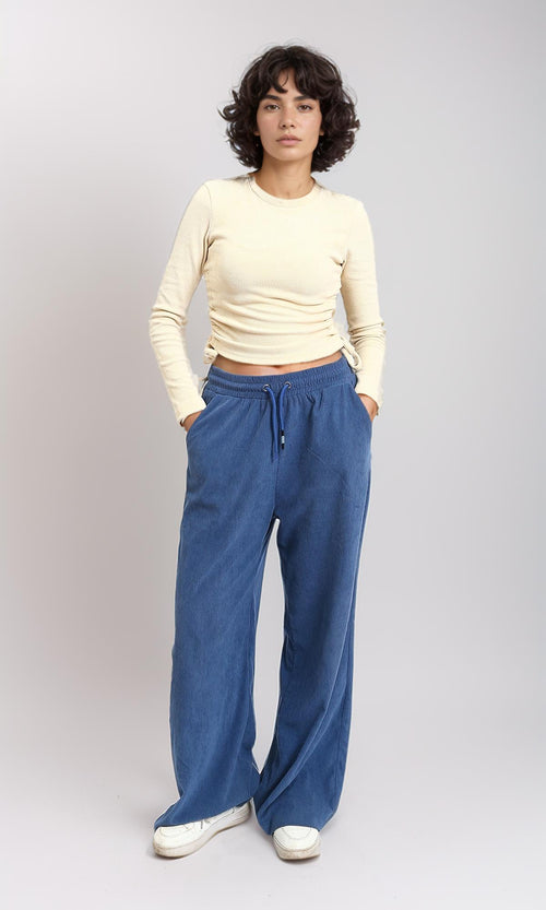 R215790 - Long Sleeves Ribbed Top with Drawstring - Beige