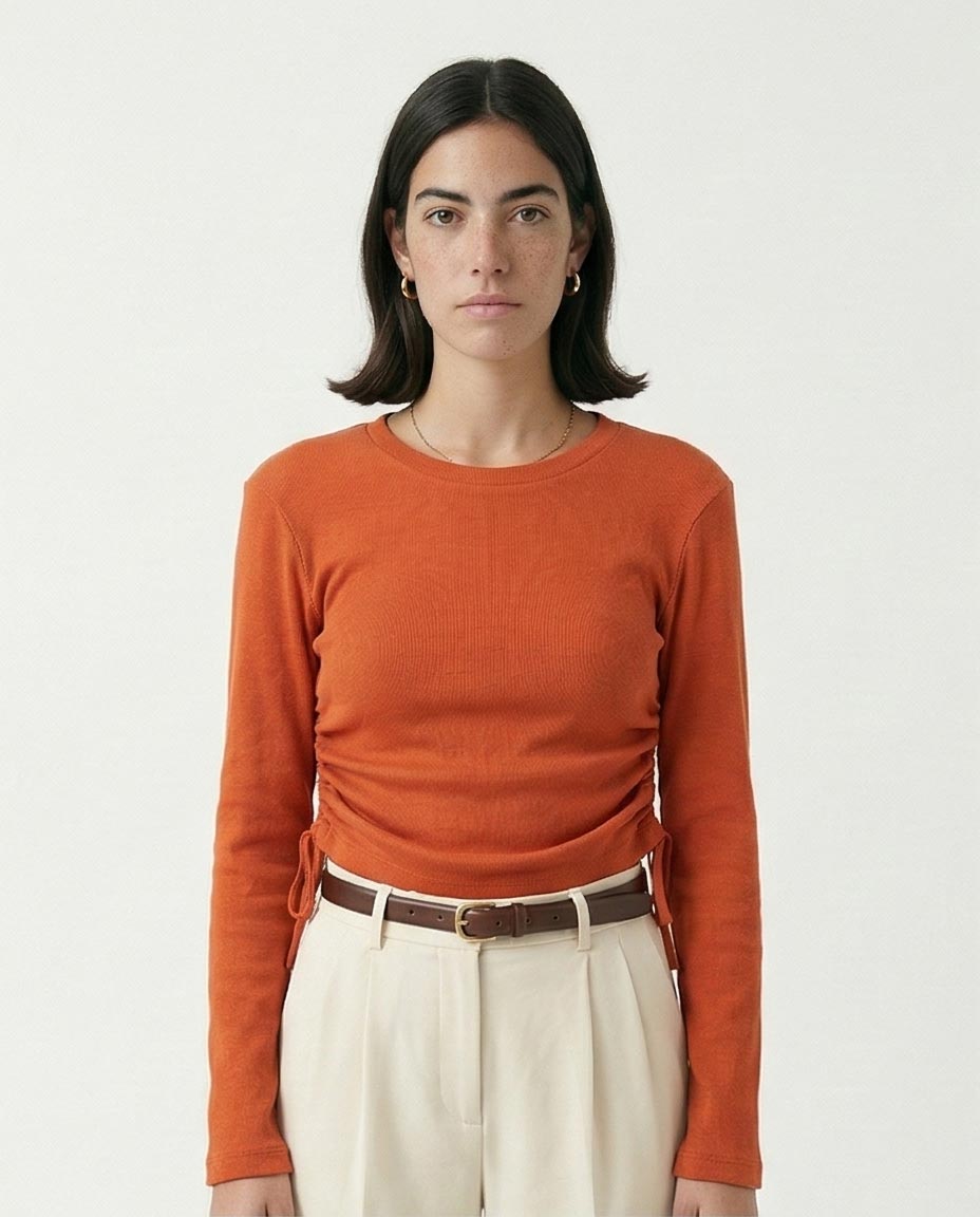 Long Sleeves Ribbed Top with Drawstring - Dark Orange