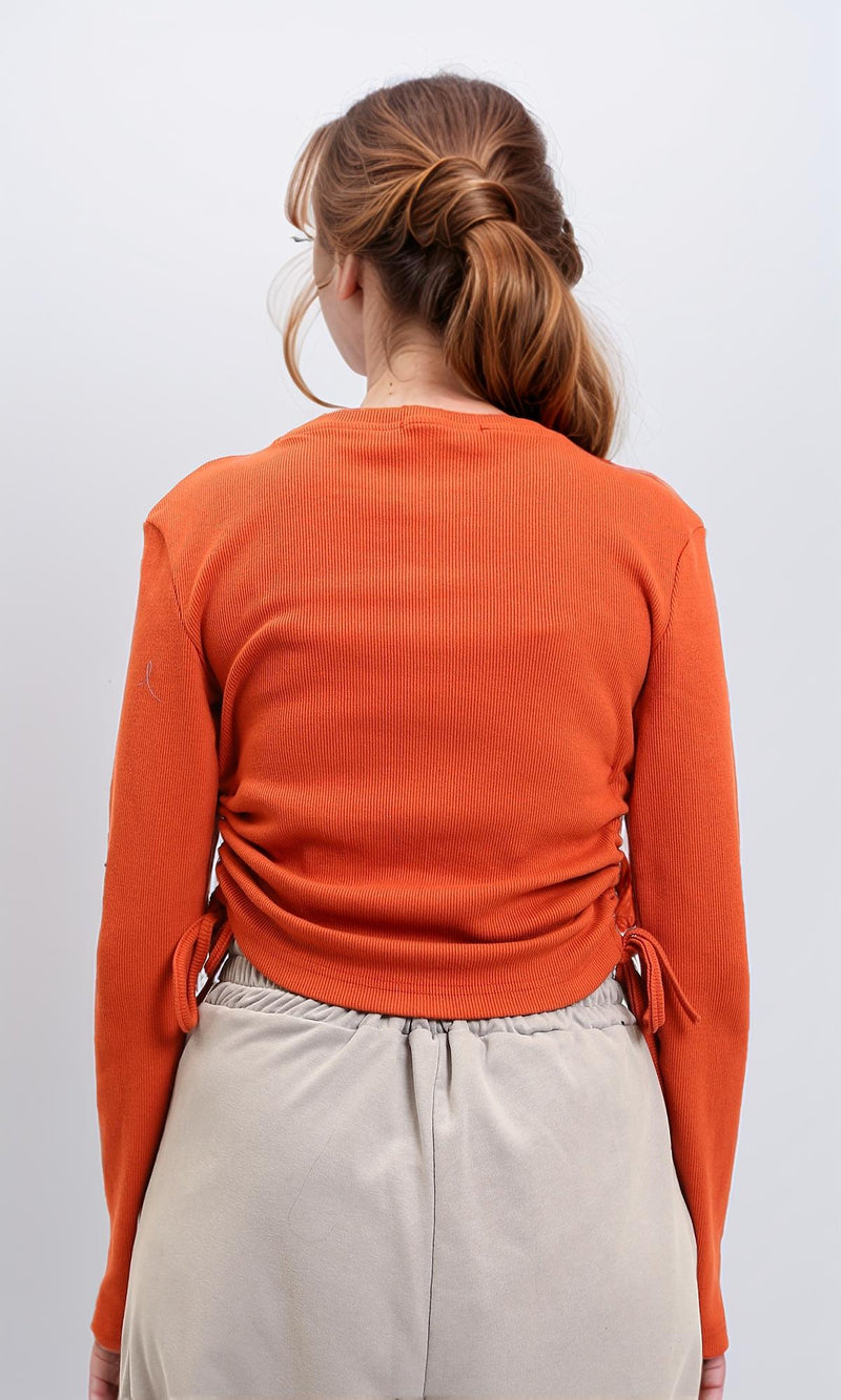 R215791 - Long Sleeves Ribbed Top with Drawstring - Dark Orange