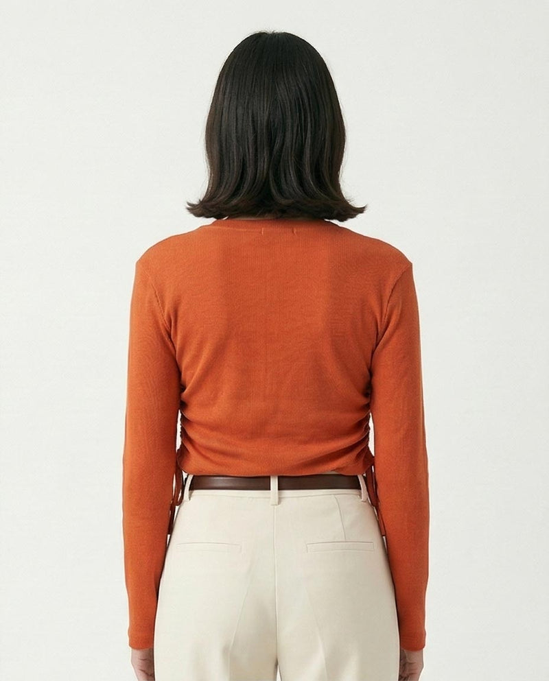 R215791 - Long Sleeves Ribbed Top with Drawstring - Dark Orange
