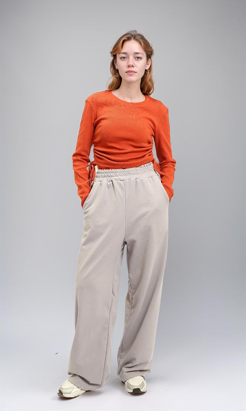 R215791 - Long Sleeves Ribbed Top with Drawstring - Dark Orange