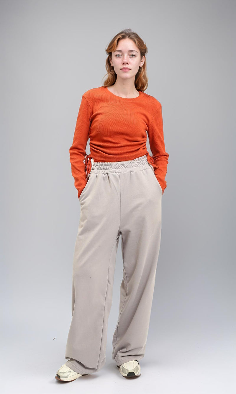 R215791 - Long Sleeves Ribbed Top with Drawstring - Dark Orange