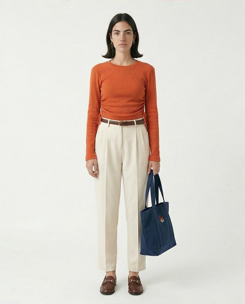 R215791 - Long Sleeves Ribbed Top with Drawstring - Dark Orange