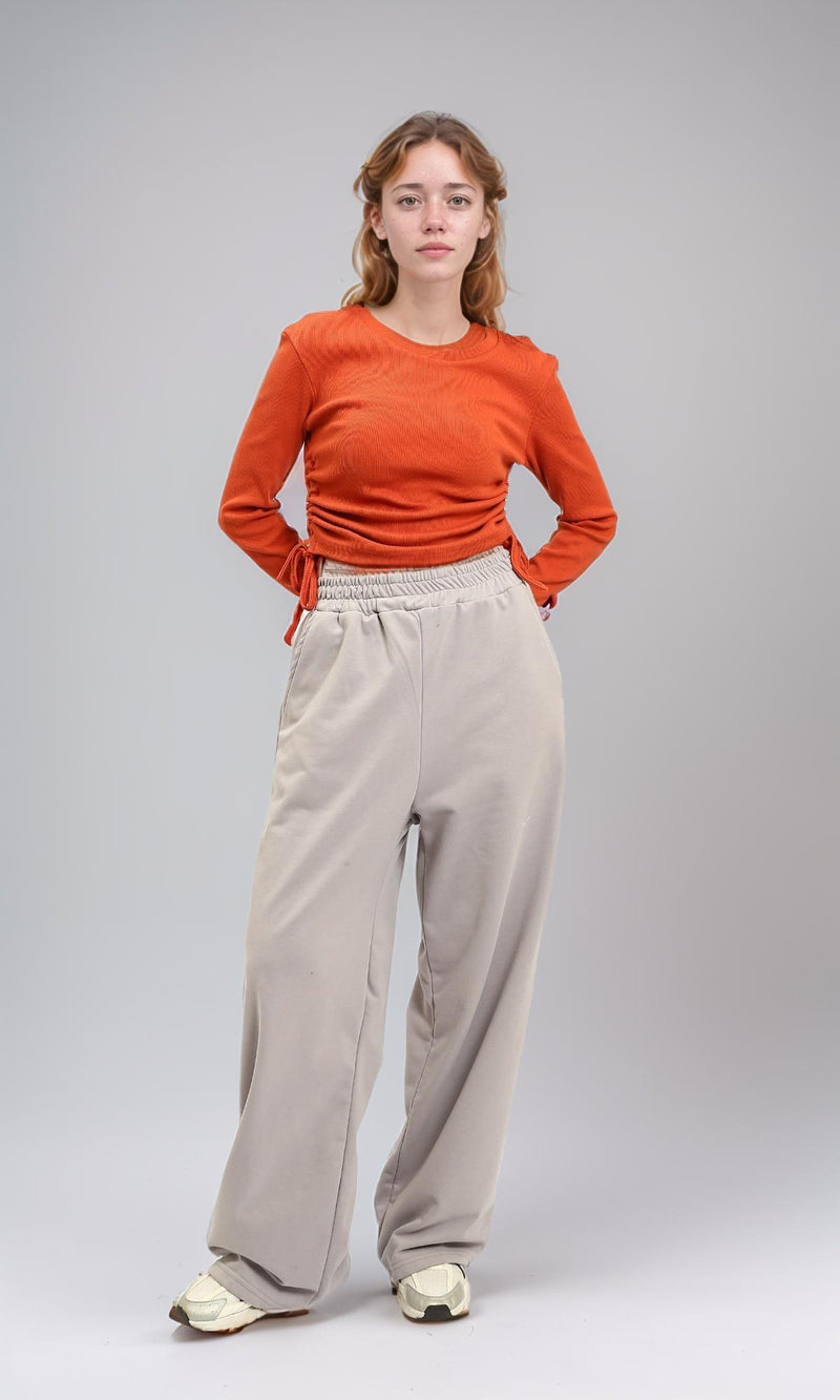 R215791 - Long Sleeves Ribbed Top with Drawstring - Dark Orange