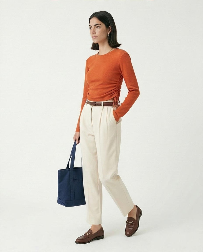 R215791 - Long Sleeves Ribbed Top with Drawstring - Dark Orange