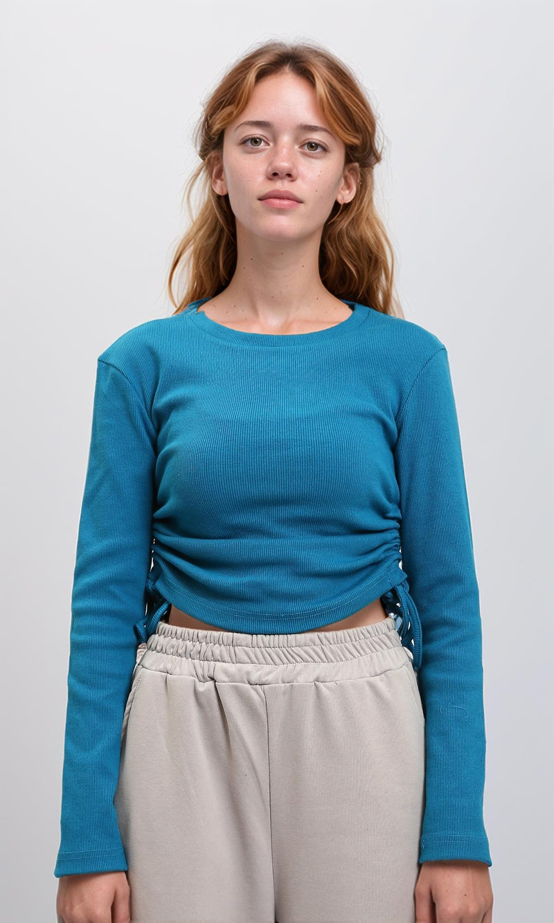 R215793 - Long Sleeves Ribbed Top with Drawstring - Blue