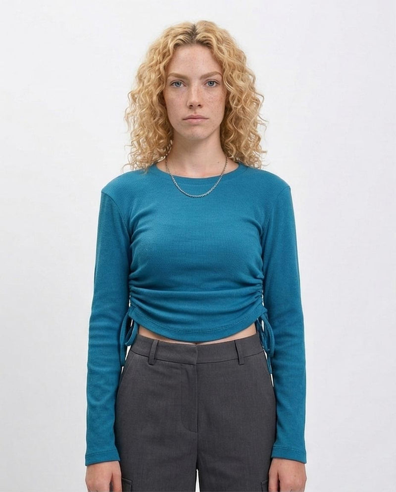 R215793 - Long Sleeves Ribbed Top with Drawstring - Blue