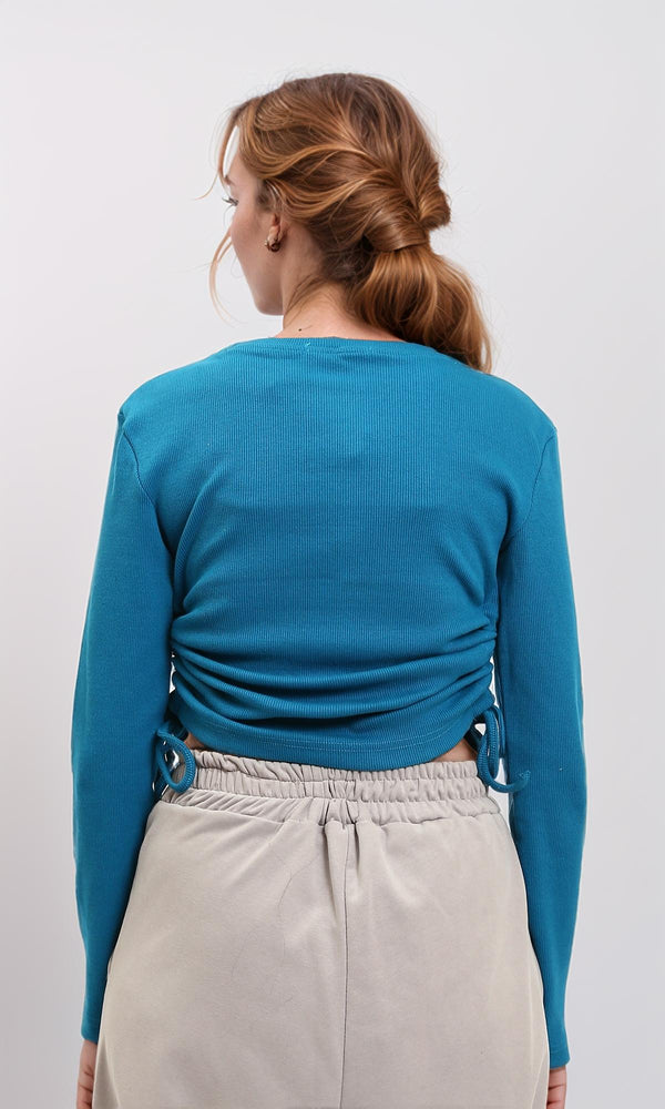 R215793 - Long Sleeves Ribbed Top with Drawstring - Blue